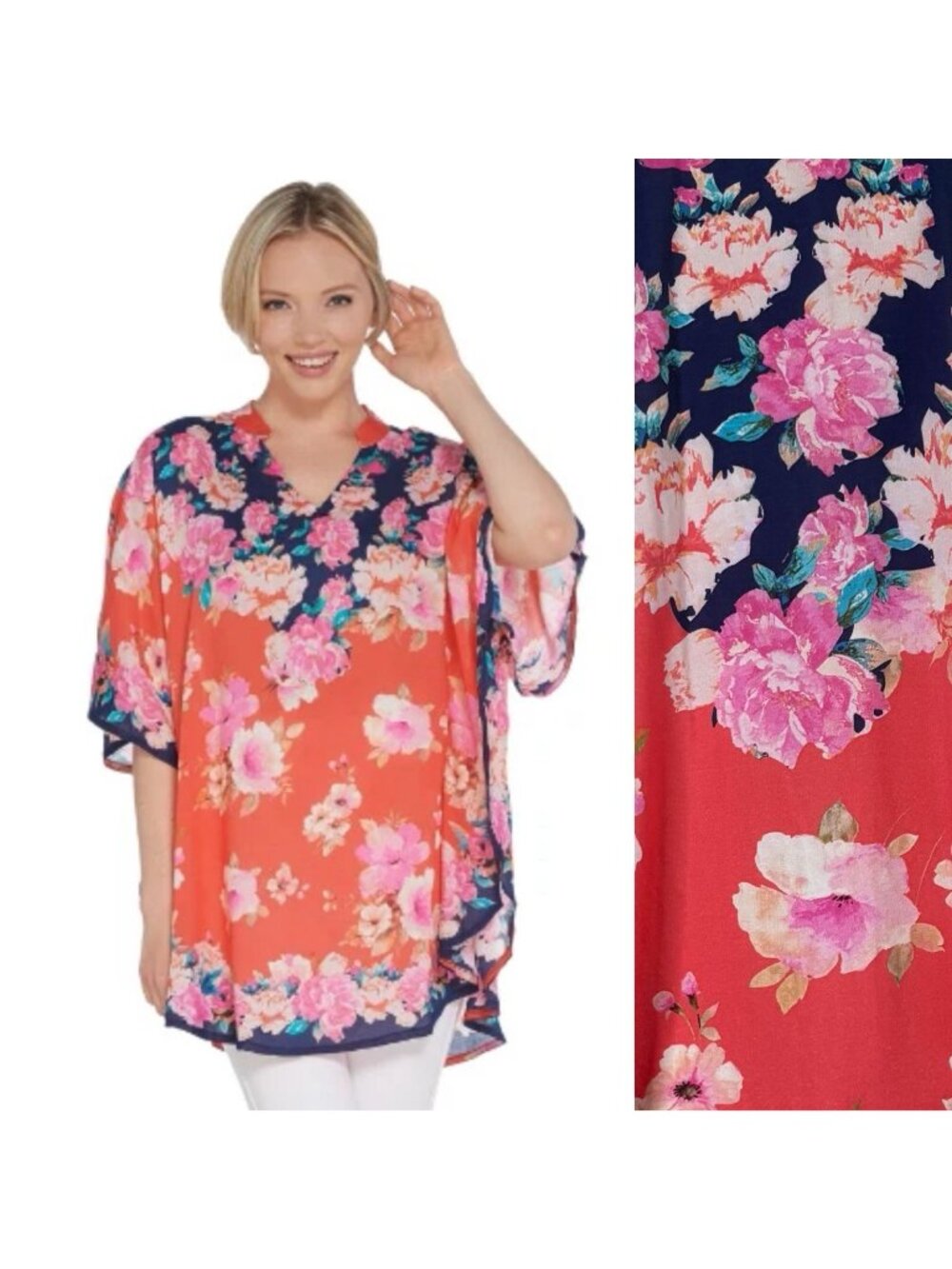 Tolani Collection Silky Caftan Tunic Poncho Top Blouse 1X Floral Print Mandarin